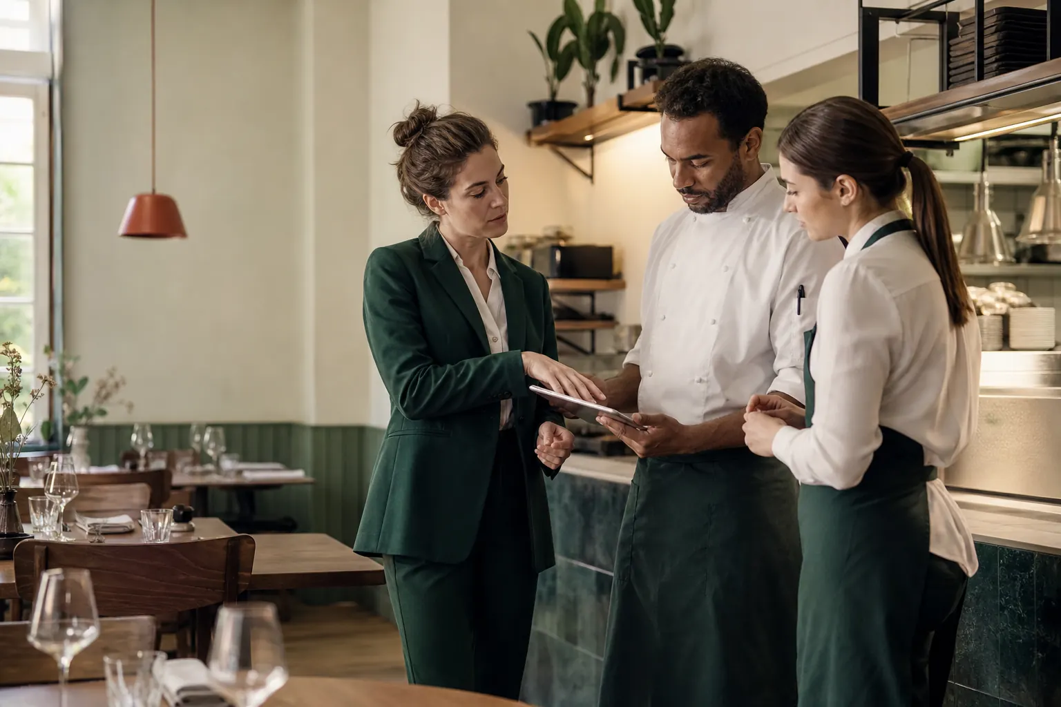 Een horecateam bespreekt samen de komende dienst in een restaurant.